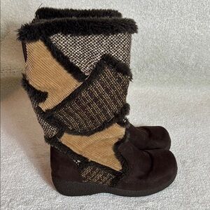 Vintage-Y2K Brown Patchwork Wedge Boots-Size 8-Fur-Corduroy-Tweed